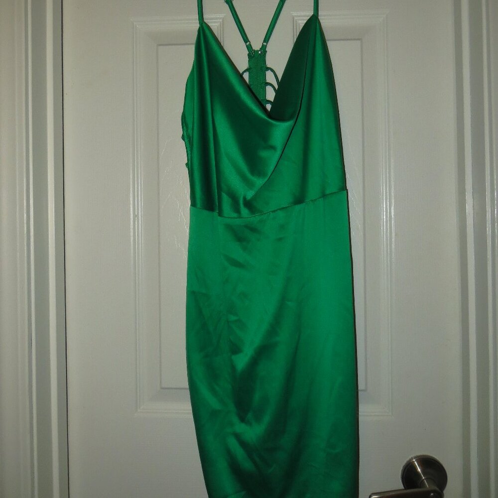 Vibrant Green Satin Cowl Neck Mini Dress